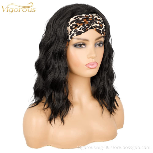 Headband Short bob Wavy Wigs for Black Women Glueless Synthetic Shoulder Length Wigs 16 Inch Headwrap Wigs Headband Attached